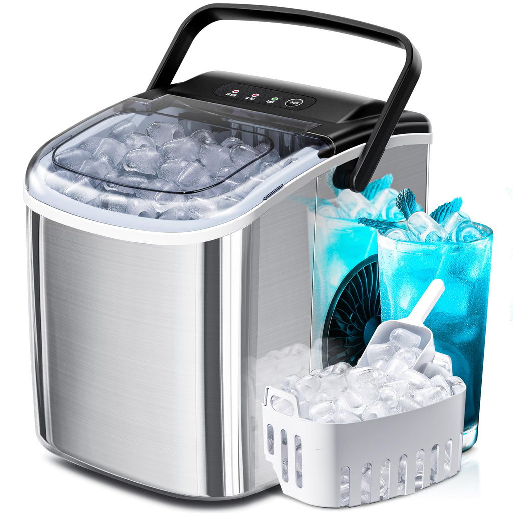 Ice Makers Countertop with Handle, 2 Sizes of Ice, 9 Bullet Ice Cubes in 6 Mins, 26Lbs/24H, Portable Ice Maker with Self-Cleaning, Ice Machine for Home&Kitchen&Office&Party