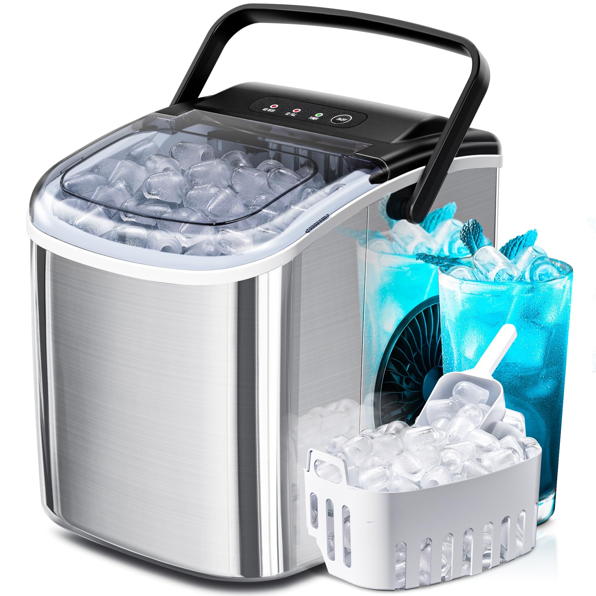 Ice Makers Countertop with Handle, 2 Sizes of Ice, 9 Bullet Ice Cubes in 6 Mins, 26Lbs/24H, Portable Ice Maker with Self-Cleaning, Ice Machine for Home&Kitchen&Office&Party
