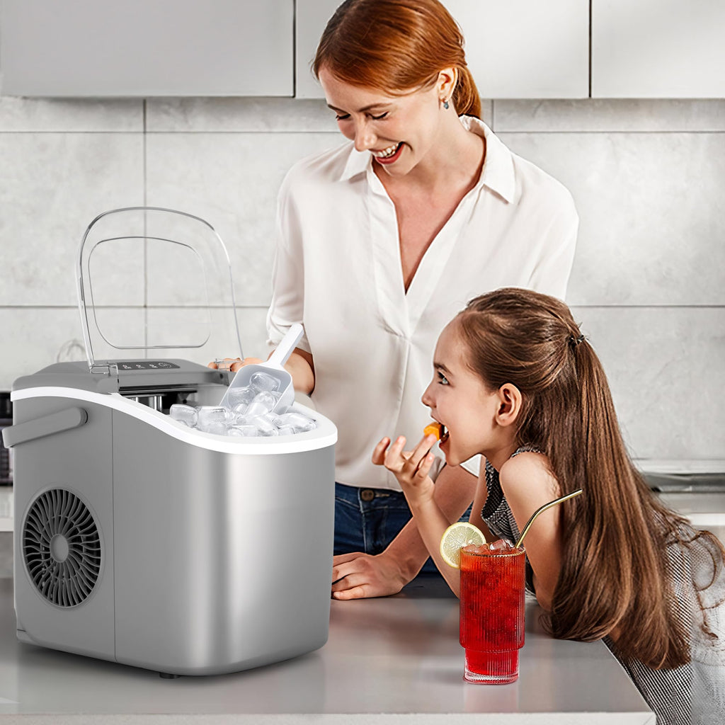 Ice Makers Countertop with Handle, 2 Sizes of Ice, 9 Bullet Ice Cubes in 6 Mins, 26Lbs/24H, Portable Ice Maker with Self-Cleaning, Ice Machine for Home&Kitchen&Office&Party